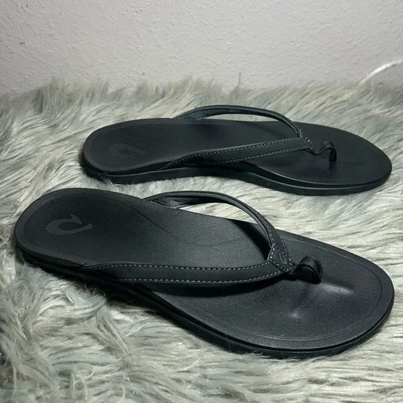 Olukai Ho'opio Sandal-Onyx/Onyx Toe Post Sandals Black Flip Flop Sandals Size 9 - Picture 6 of 10